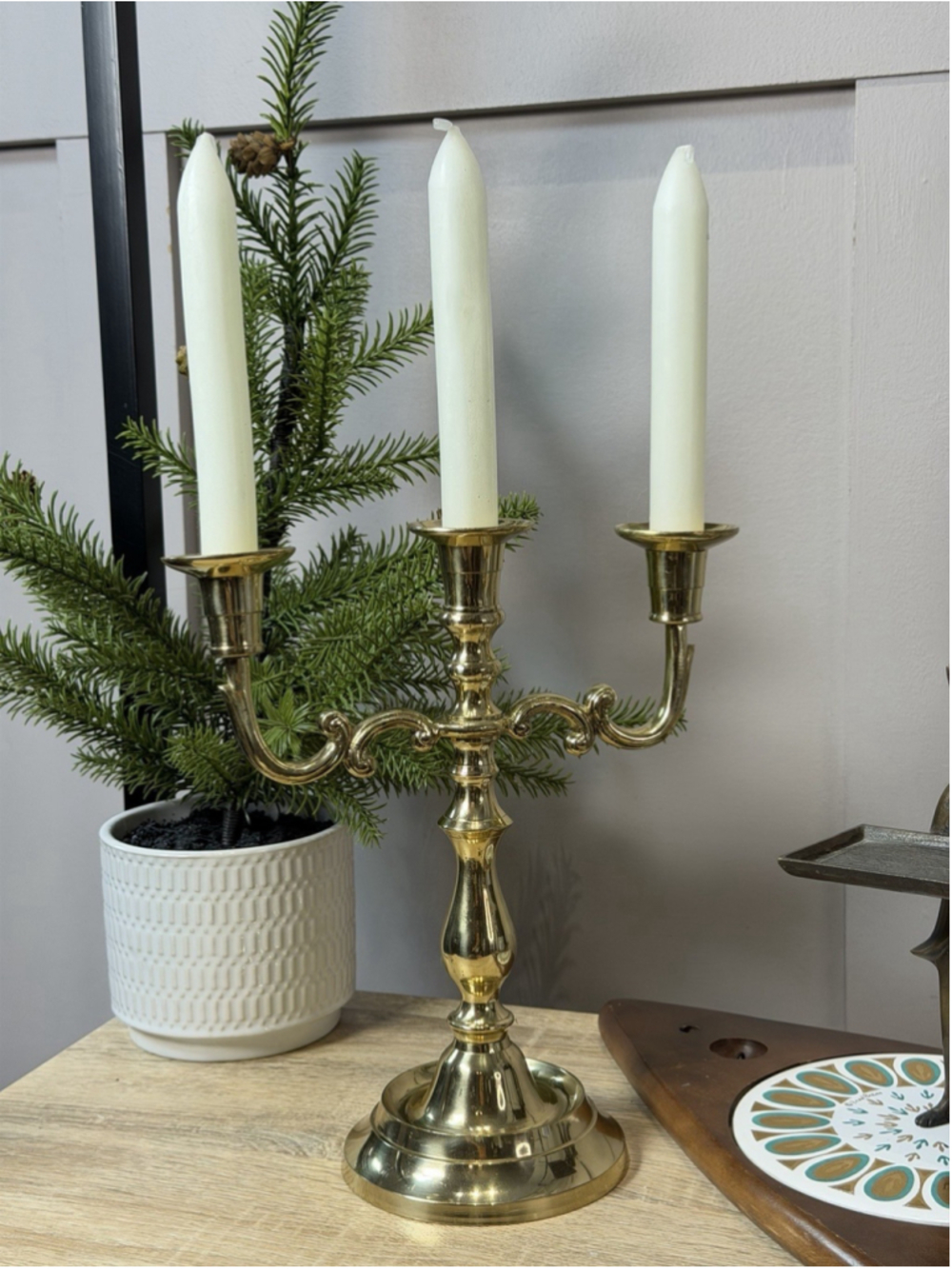 Vintage Solid Brass Candlestick with Three Candles Old Solid Brass 3 arms